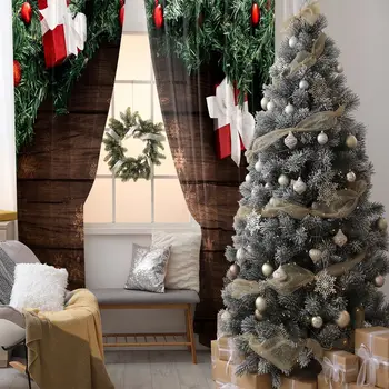 

Christmas Gifts Pine Branches Baubles On A Wooden Table Country Style Rustic Decoration Green Red Brown Curtain