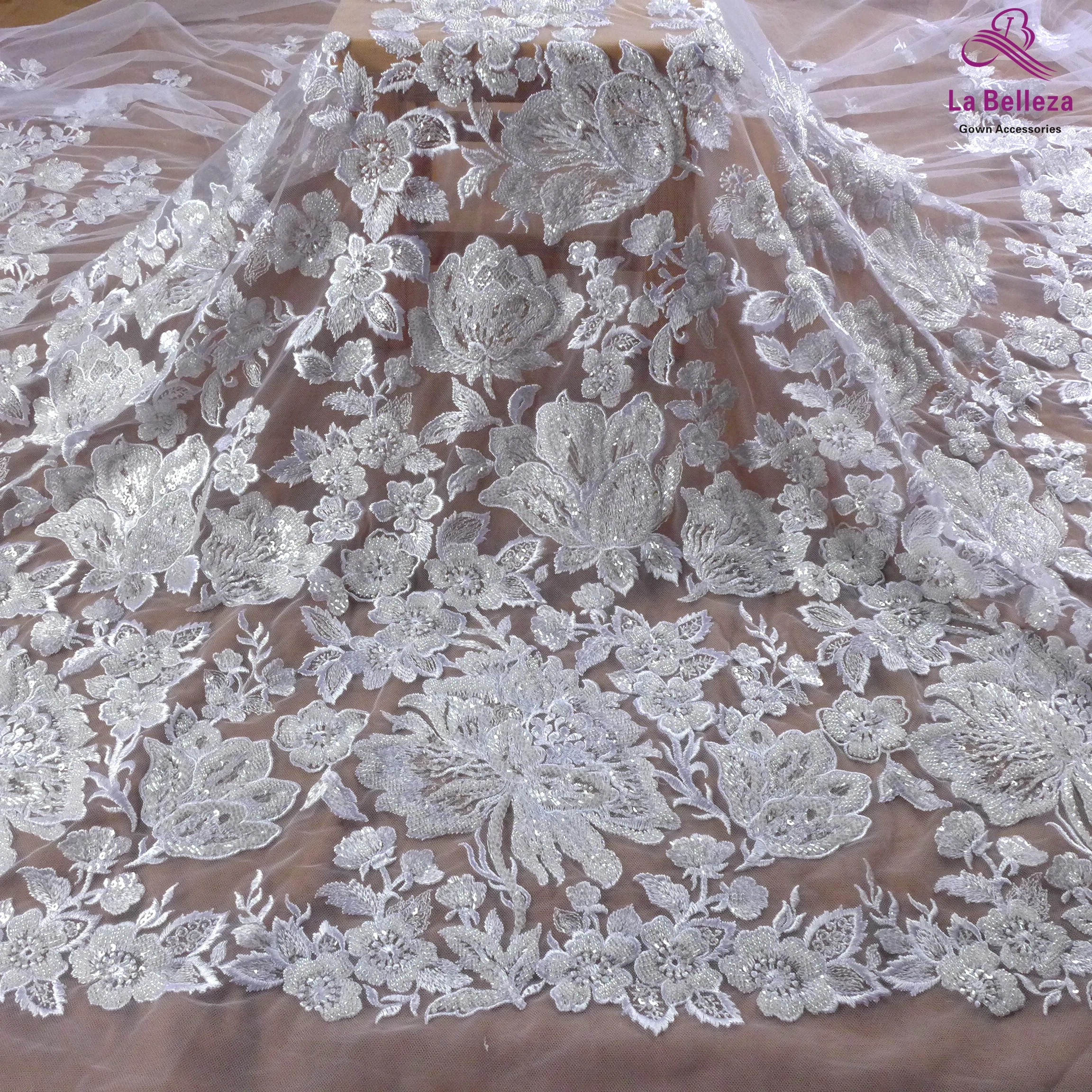 La Belleza Новое тяжелое свадебное платье из бисера кружевная ткань чистый белый