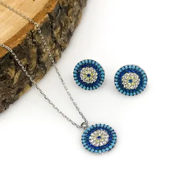

New Turquoise Evil Eye Sport Stylish Silver Necklace Earrings Set
