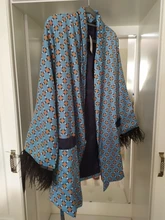 Chaqueta Kimono con estampado azul para mujer, trajes con mangas de plumas, pantalones de pierna ancha, ropa Vintage de dos piezas, novedad de 2021