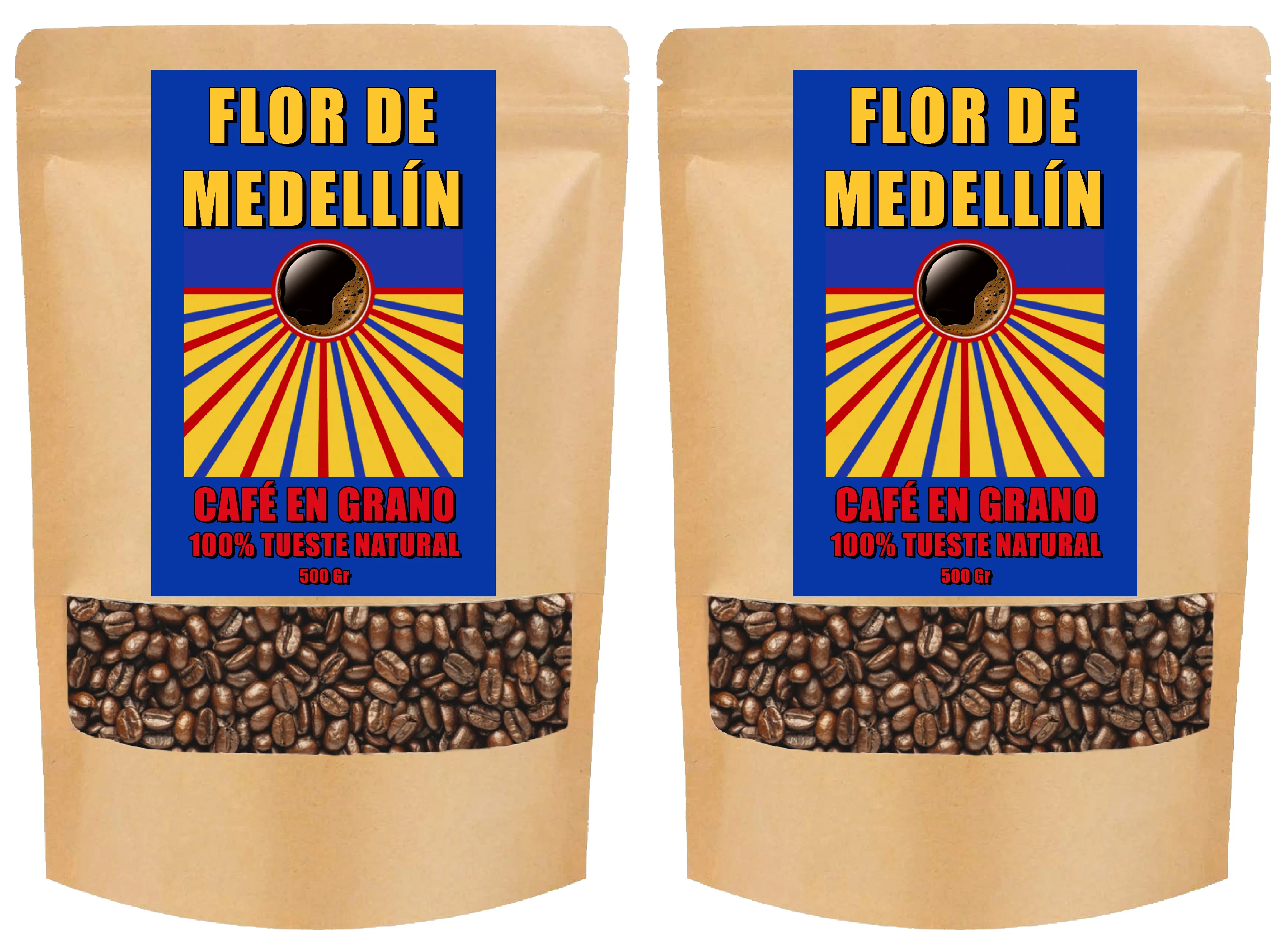 Flor de Medellín Café en Grano 100% Natural - 2 Bolsas de 500 gr - Taza de Café con mucho Aroma y Sabor Intenso. Café 100% Tueste Natural. Café