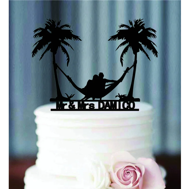 Personalizzato Tema Spiaggia Luna Di Miele Matrimonio Caketopper/Personalizzato Palme Cake Topper /Mr E Mrs Cake Topper Con Plam Tree