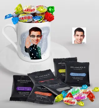 

Personalized Matrix Neo Caricature Of Turkish Coffee Cup Selamlique Mixed Turkish Coffee house And Haribo Candy Gift Seti-1