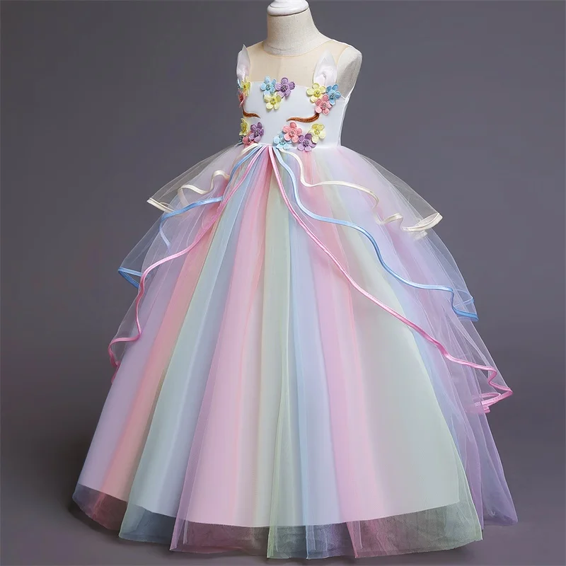 Princess Party Dress Unicorn Birthday Children Clothing Appliques Wedding Gown Kids Dresses for Girls Floral Elegant Vestidos
