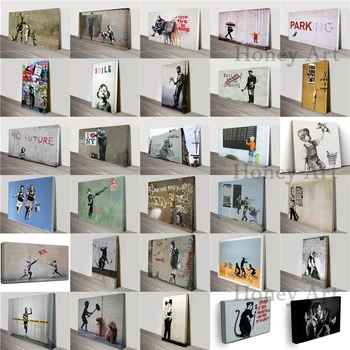 

Wood Framed Abstract Art Banksy Ready To Hang Morden Canvas Painting Prints Art Posters Home Decoration