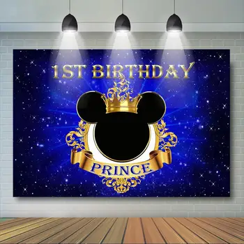 

Boy's 1st Birthday Backdrop Royal Blue and Gold Cartoon Photography Backdrop Crowned Prince First Birthday Party Decor Banner