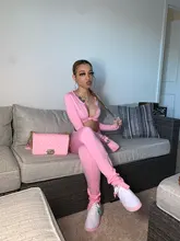 FQLWL Casual de verano 2 dos piezas de mujer rosa traje de manga larga de las mujeres Leggings camisetas conjuntos de chándal de las señoras