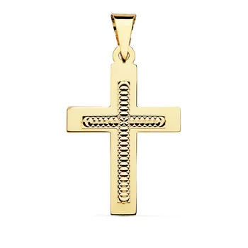 

Cross Pendant 18k gold 34mm. Center carved shapes circles straight edge