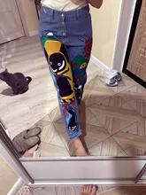 Pantalones vaqueros con estampado de dibujos animados para mujer, pantalón harén para niña, pantalón vaquero de cintura alta para mujer de talla grande
