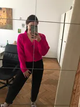 LUNDUNSHIJIA 2020 nueva primavera y otoño de las mujeres es holgado de punto suéteres señoras con cuello en V y manga larga de moda Rosa Cardigan rojo abrigos
