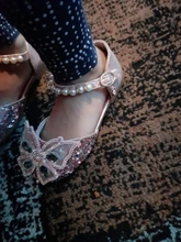 Zapatos con lazo de encaje de lentejuelas para niñas, zapatillas de baile de princesa con perlas bonitas, informales, para fiesta, boda, D721, novedad de 2020