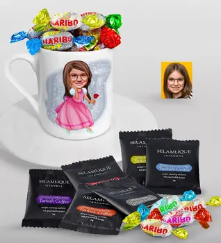 

Personalized Female Child Princess Caricature Of Turkish Coffee Cup Selamlique Mixed Turkish Coffee house And Haribo Candy Gift Seti-2