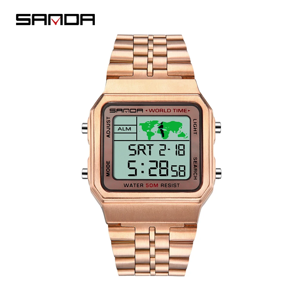 

SANDA New Male Retro Business Watch Waterproof Digital Watches Hand Up Lamp World Map Fashion Personality Steel Band Wrist Watch