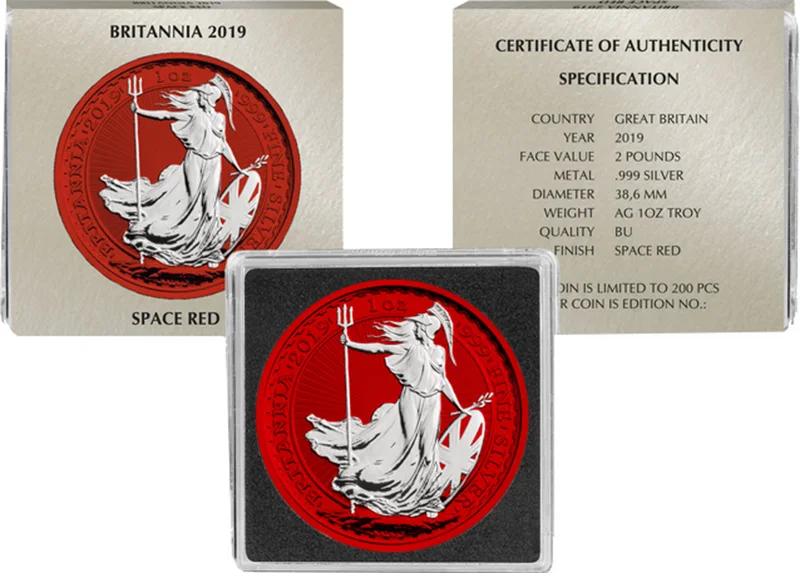BRITANNIA Space Red 1 Oz Серебряная монета 2 фунтов стерлингов Великобритания