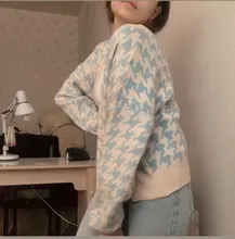 HEYounGIRL pata de gallo a cuadros estampado Cardigan mujeres otoño cuello V Vintage Top corto de punto suéter Casual suelto de punto de invierno