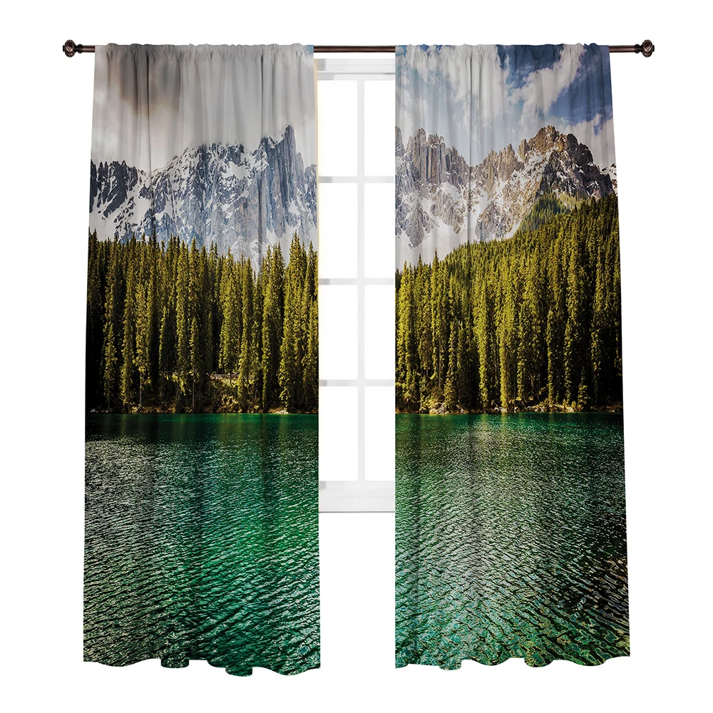 

Quality Scenery Printed Curtain / Window Living & Dining Bed Room Drapes For With 2 Panel Set - Mountain Pine trees Green Grey