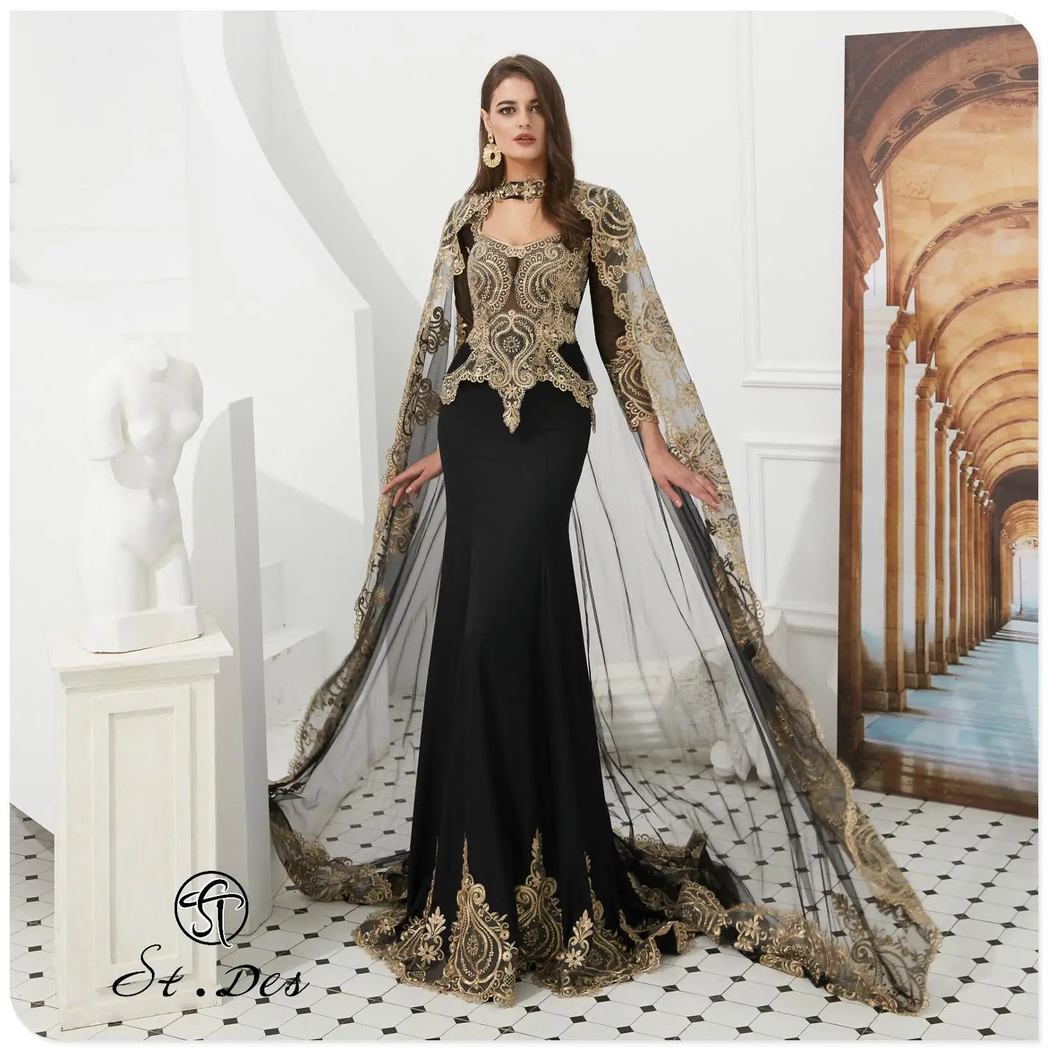 

2020 S.T.DES Mermaid Cape Cloak Round-Neck Black Blue Wine Embroidery Long Sleeve Evening Dresses Long Party Gown Formal Dress