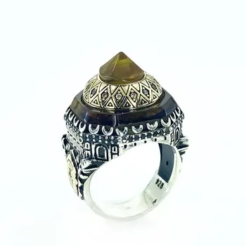

Ottoman Art Dome Processing Amber Stone Sterling Silver Mens Ring