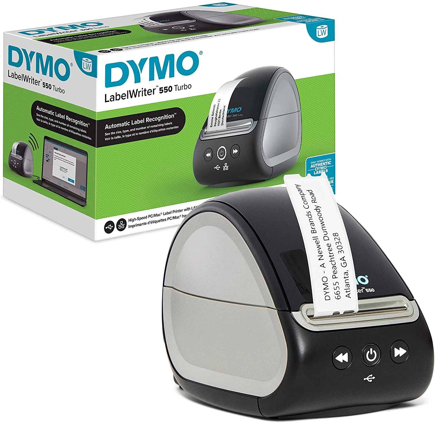 Label printer DYMO LabelWriter 550 Turbo | Rotuladora with high speed direct thermal printing | Automatic recognition label | 2 pins plug (Europe)
