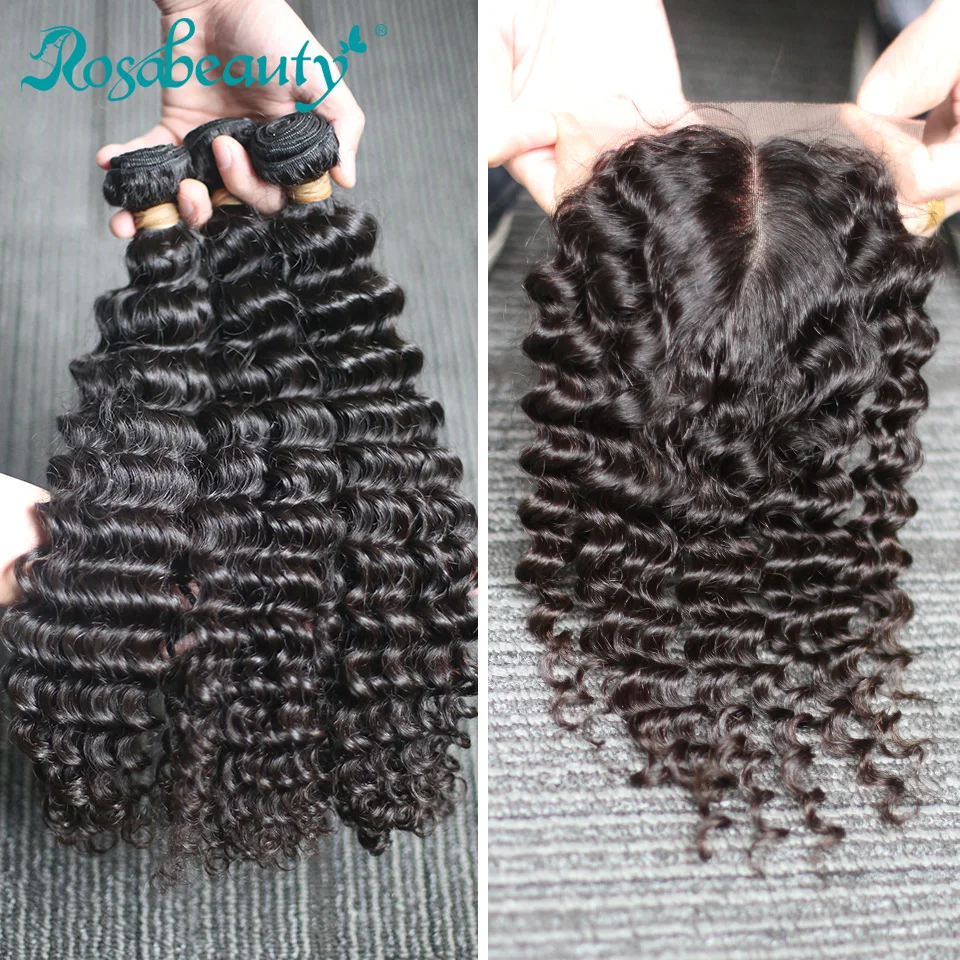 Rosabeauty 28 30 inch Deep Wave Bundles With Closure Peruvian Remy Human Hair Weaves Water Curly and 5X5 Lace Closure