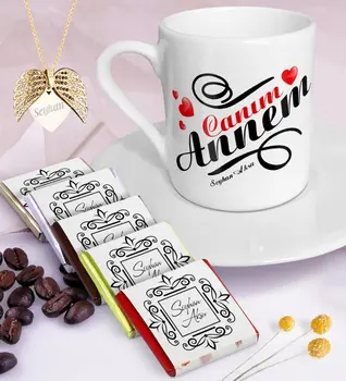 

Personalized Dear Mom Coffee cup Chocolate Angel Wing Necklace Seti-14