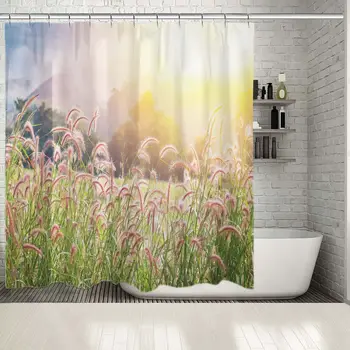 価格 シャワーカーテンと草の花フィールドソフト日光田舎秋日自然草原風景グリーン黄色写真プリント