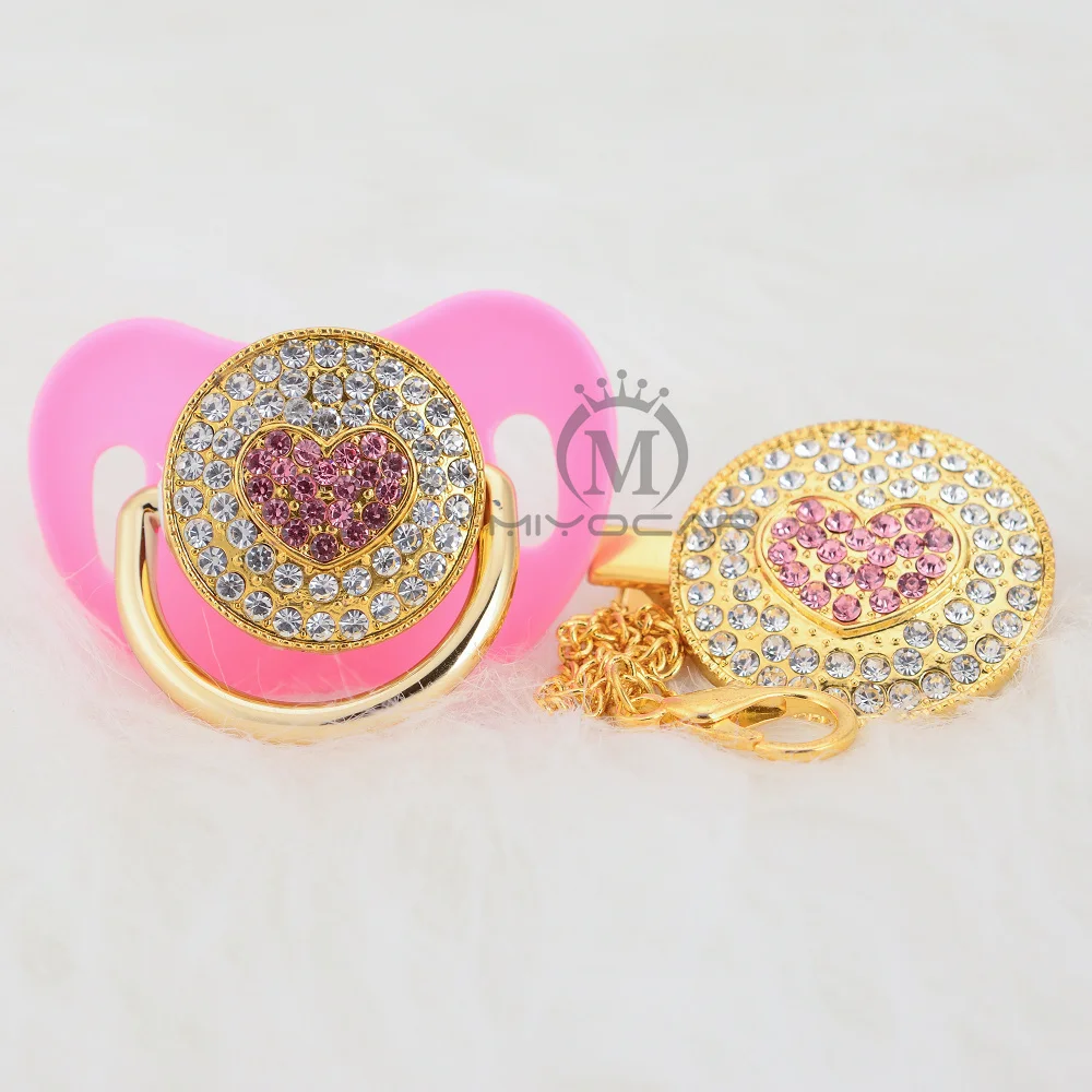 MIYOCAR sweet pink heart bling pacifier and pacifier clip set BPA free FDA pass safe and idea gift for baby unique design