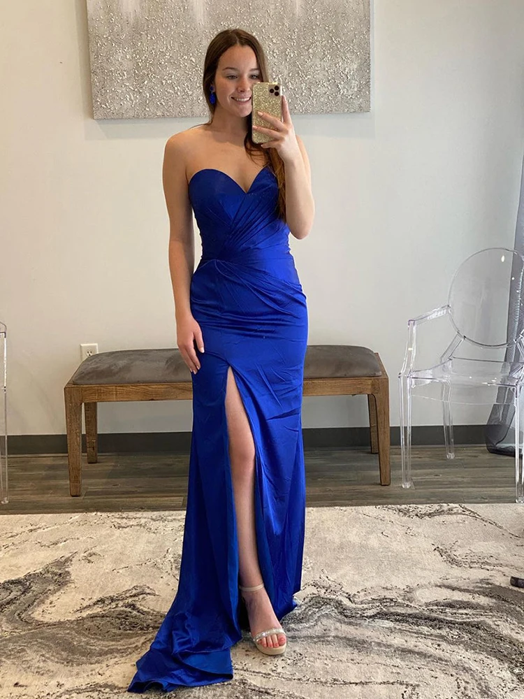 mermaid prom dresses Royal Blue Sweetheart Satin Long Prom Dress Whit Split Prom Dress Sleeveless Mermaid Sweetheart Formal Party Dress 2022 New simple prom dresses