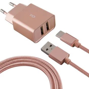 

Wall Charger + USB A to USB C Cable 2 USB 2.4A Rose gold
