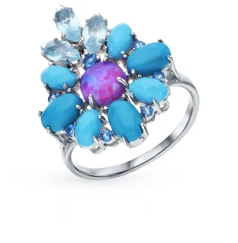 

Silver ring with turquoise, Topaz, cubic zirconia and sunlight beads 925