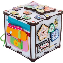 Бизиборд Iwoodplay "Развивающий куб: Зверушки", 22х22х23 см, све