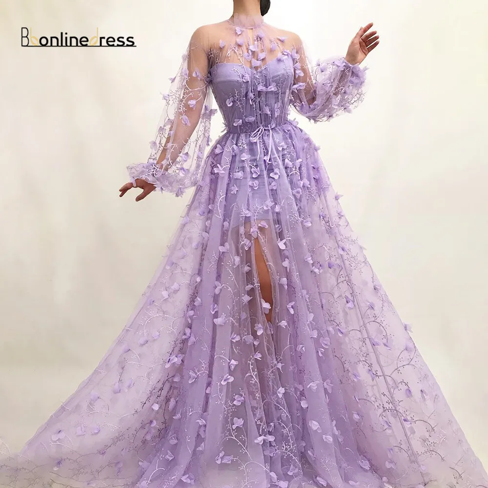 

2020 Lilac Evening Dress With Sleeves Transparent Elegant Long Prom Party Dress Formal Gowns vestido de festa longo