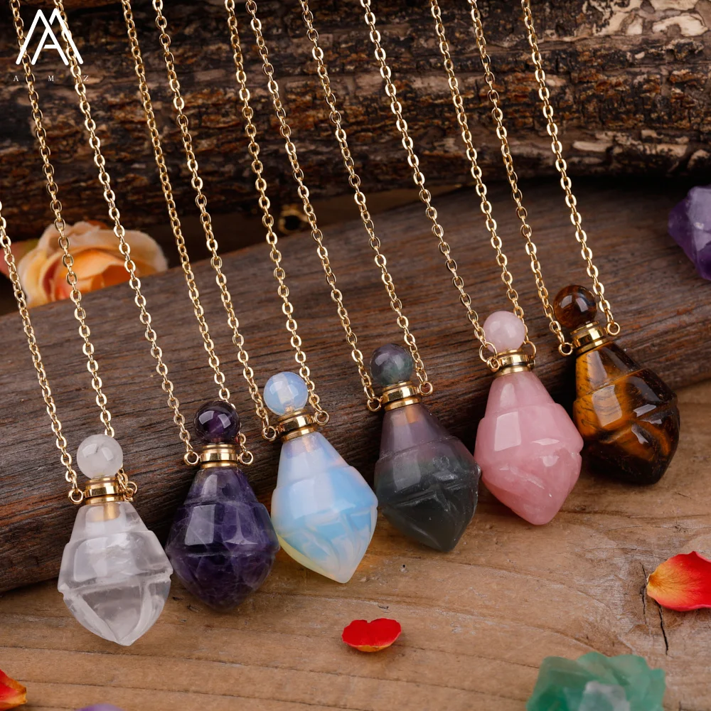 

Lovely Women Perfume Bottle Pendant Necklace,Carving Gemstones Ice Cream Essential Oil Necklace Natural Stone Jewelry Dropship