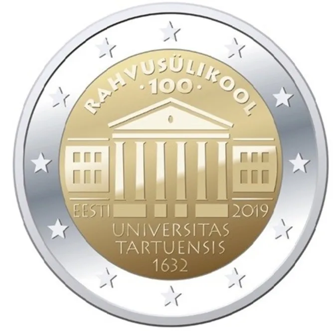 2 евро. 100-летие Тартуского университета. Эстония. 2019 год |