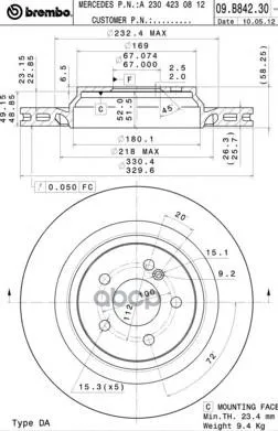 Диск Тормозной Задн, Mercedes-Benz: S-Class Cl 600 06-, Sl 600/600 01-12 Brembo арт. 09.B842.31