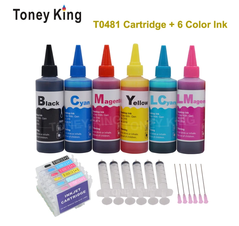 Toney King T0481 чернильные картриджи для Epson Stylus Photo R200 R220 R320 R340 RX500 RX60 принтер+ контейнер с чернилами для 6 × 100 мл