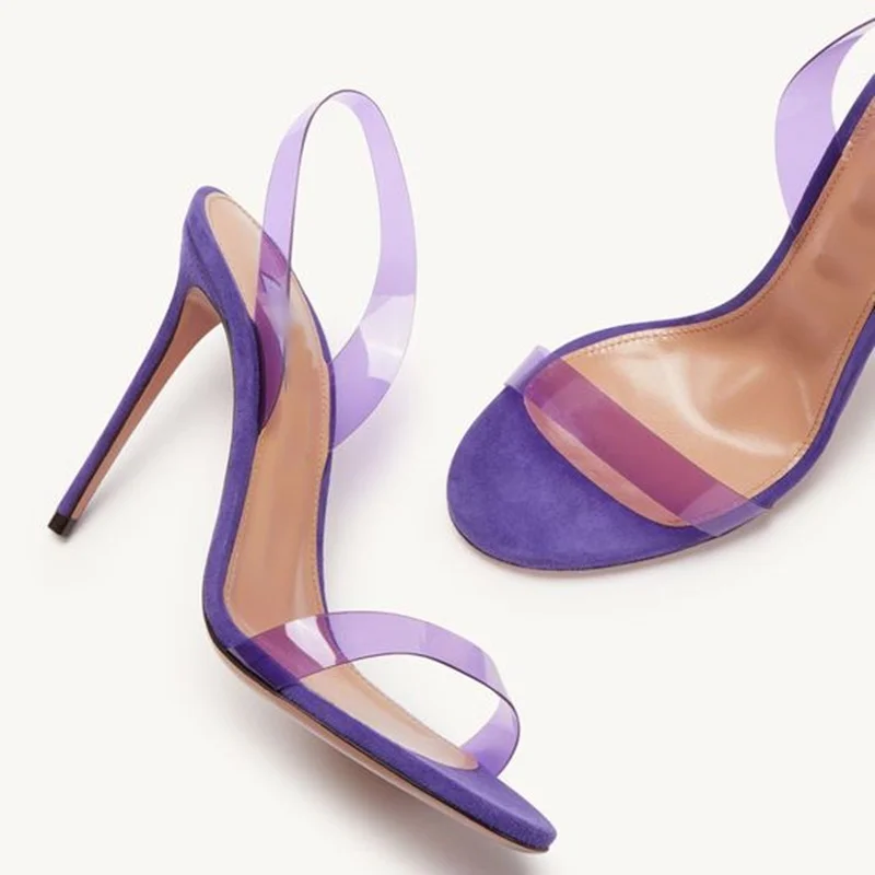 

Transparent PVC Back Strap Sandals Open Toe Stiletto High Heel Slingback Candy Color Solid Purple White Coffe Summer Sandals