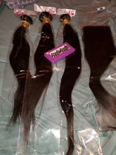 Pelo humano brasileño que rebota, mechones de pelo liso con cierre, Color Natural, pelo Remy, 3 mechones con cierre de encaje