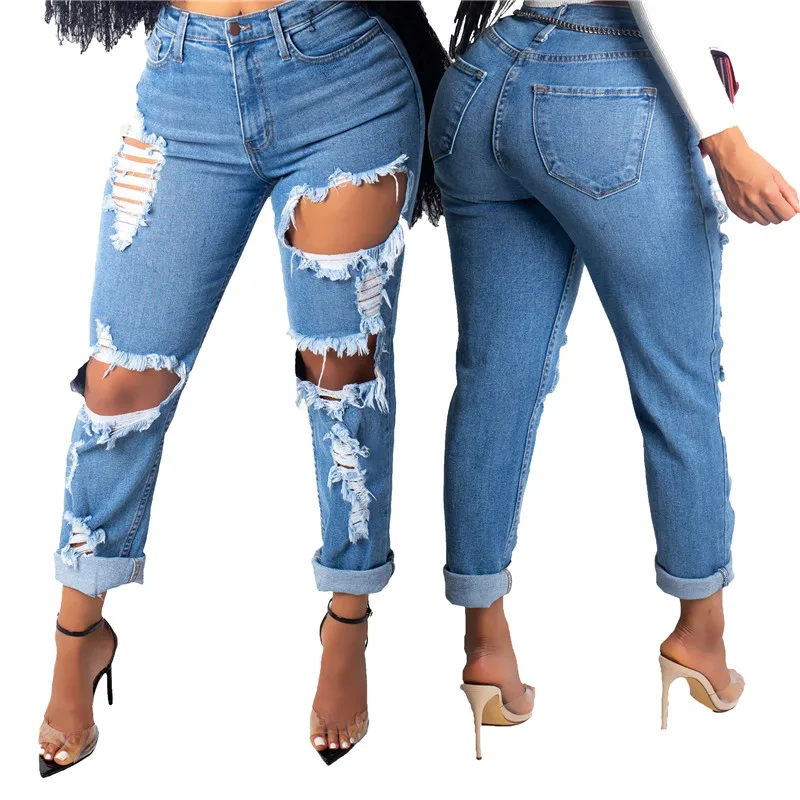 Рваные Джинсы бойфренда Сексуальная уличная высокая талия джинсовые женские джинсы свободные брюки карандаш дамские каникулы синие цветные рваные джинсы