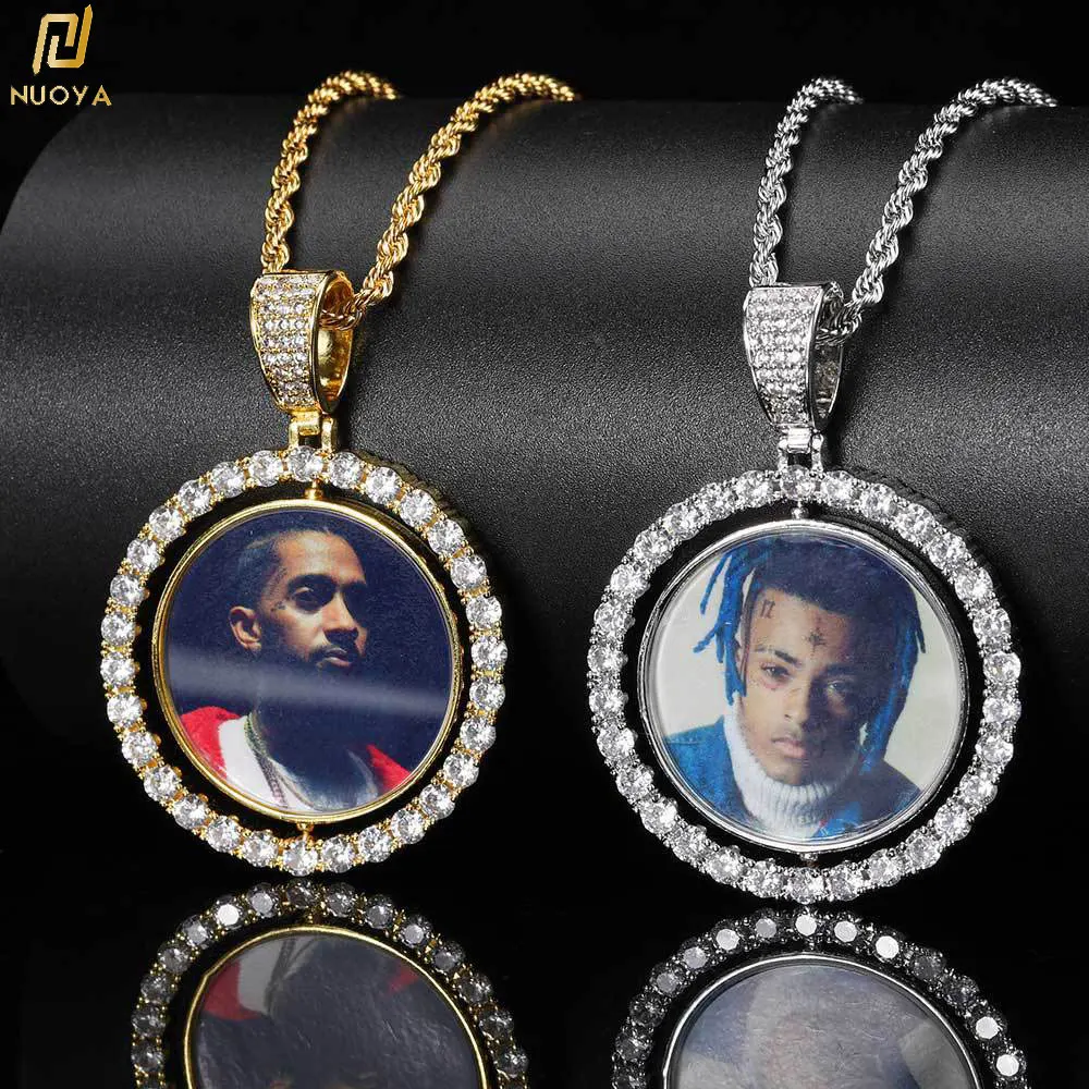 Customized Rotating Double-sided Picture Pendant Gold Plated Micro Inlaid Zircon Memory Photo Custom Hip Hop Jewelry