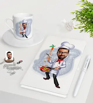 

Personalized Men 'S Chef Caricature Of White Notebook Pen Turkish Coffee Cup Seti-1