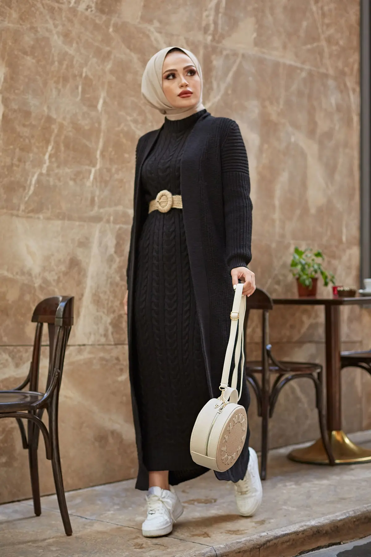 Muslim Women Clothes Trench Coat Cardigan Set 2pcs