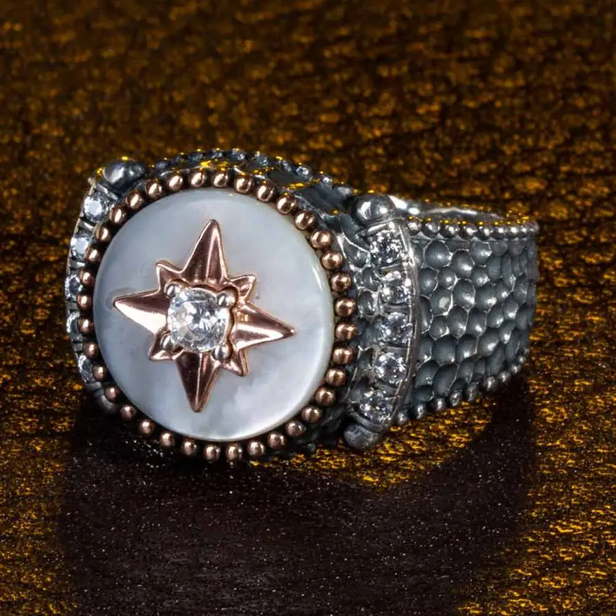 

Sterling Silver Men's Ring with North Star Pattern and Mother-of-Pearl Stone B Fashion Turkish Premium Quality Handmade Jawelery