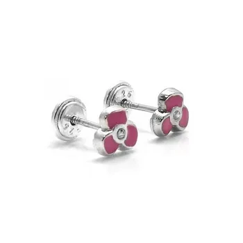 

925 Sterling silver earrings girls m 5mm. Flower glazed pink [AC0459]