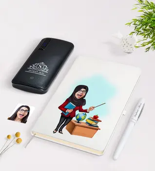 

Personalized Women 'S Teacher Caricature Of White Notebook pen 12.000 Mah Powerbank Gift Seti-7