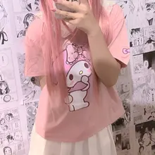 Camiseta japonesa de manga corta con estampado de dibujos animados para mujer, blusa rosa con cuello de muñeca, playera holgada suave para chica