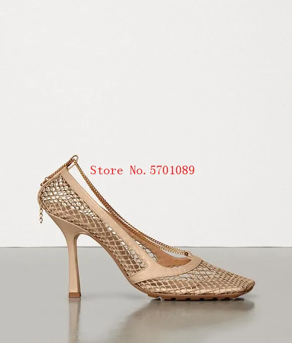 

Women Designer Shoes Stretch Pumps Mesh Square-toe Court Shoe Chain Detailing Mesh Calfskin Gold-finish Chain 9 Cm Heel Shoes