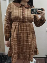 Plaid Dress Peter-Pan-Collar Long-Sleeve Autumn-Style Mori-Girl Cute Kawaii Fashion Lady