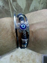 Pulsera de cuero para hombre y mujer, brazalete de joyería con varias capas, estilo Punk turco, mal de ojo, de acero inoxidable