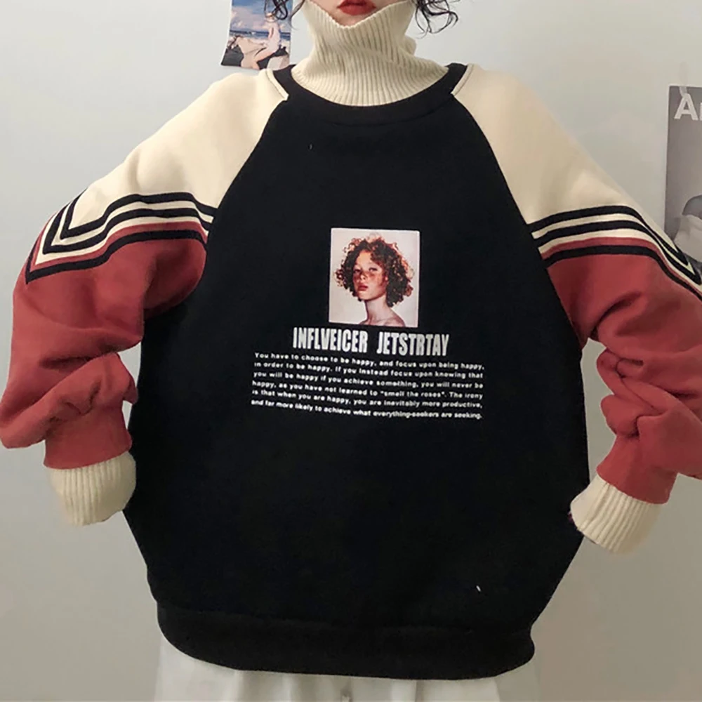 

OSKE High Collar Sweatshirt Women Oversize Ladies Warm Sweatshirts Plus Velvet Fashion Winter Pullovers Loose Splicing Pullover